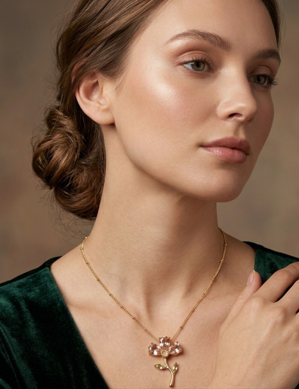 Gold Plated Stainless Steel Pink Crystal Flower Pendant Necklace